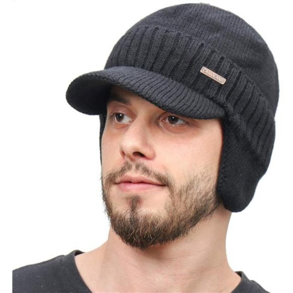 Winter Beanie w/Visor & Earflaps for Men Outdoor Fleece‎ Hat Scarf Set